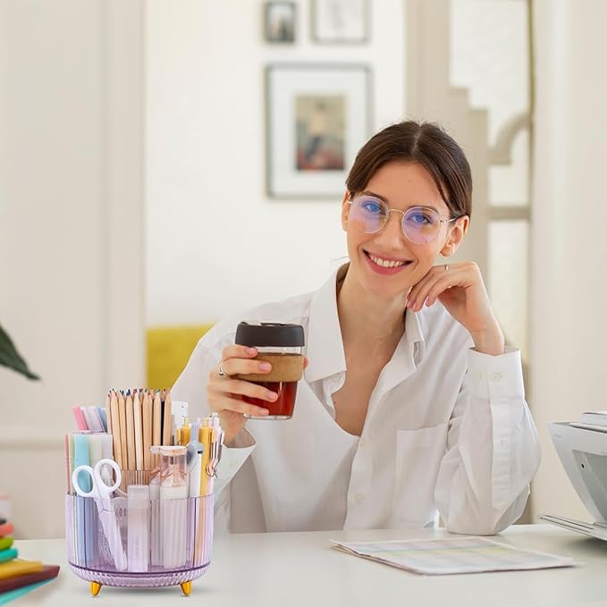 SKYDUE Rotating Pencil Pen Holder, Pen Organizer with 5 Slots - Aesthetic Desk Organizer and Accessories for School, Home, Office Supplies, Clear Purple