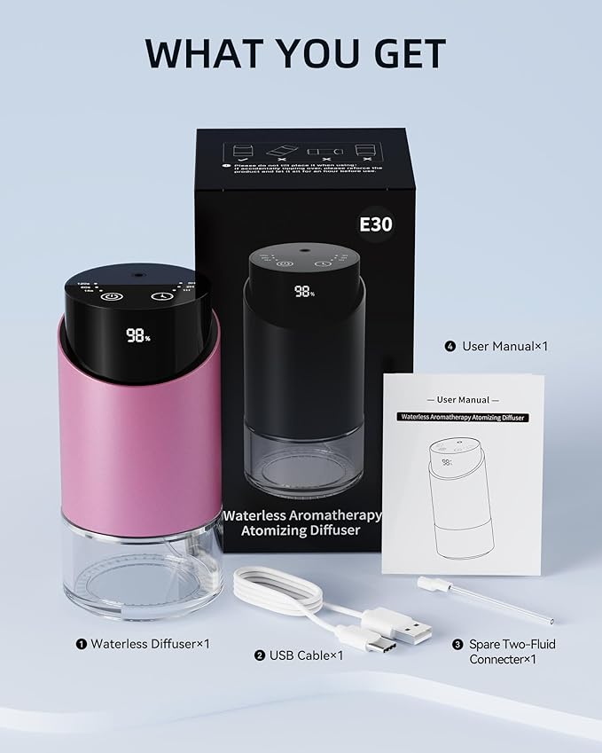 Waterless Essential Oil Diffuser Aromatherapy Scent Diffusers for Home Large Room, Bedroom, Car, Office, Desk, Battery Operated Mini Portable Air Freshener, 3 Countdown Timers & 3 Mist Levels