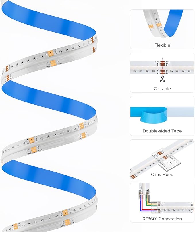 COB LED Strip RGBCCT Color Changing 16.4FT 960LEDs/m 24V Flexible High Density Cob Strips RGB CCT Tunable White 3000K-6000K 12mm Led Tape Light for Cabinet (No Power/Controller)