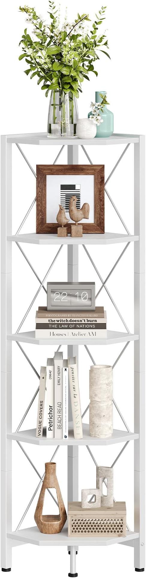 5-Tier Corner Shelf, Corner Bookcase, 55.2" Tall Vertical Display Rack, Plant Stand, Open Storage Shelf, for Living Room, Bedroom, Study, Kitchen, White TCJ12WB