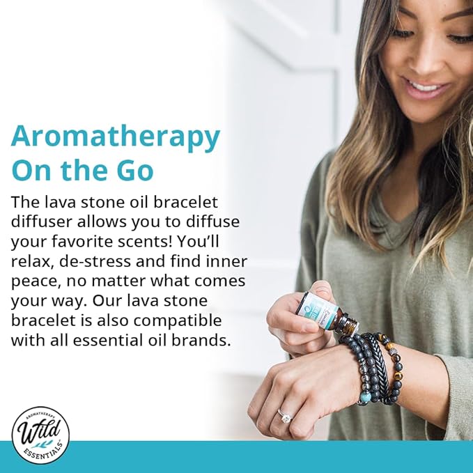 Wild Essentials Tiger Eye Lava Stone Essential Oil Diffuser Bracelet, Expandable up to 8 inches, Aromatherapy Jewelry Gift Set and 100% Pure Oils (Lavender, Lemongrass, Orange and Peppermint)