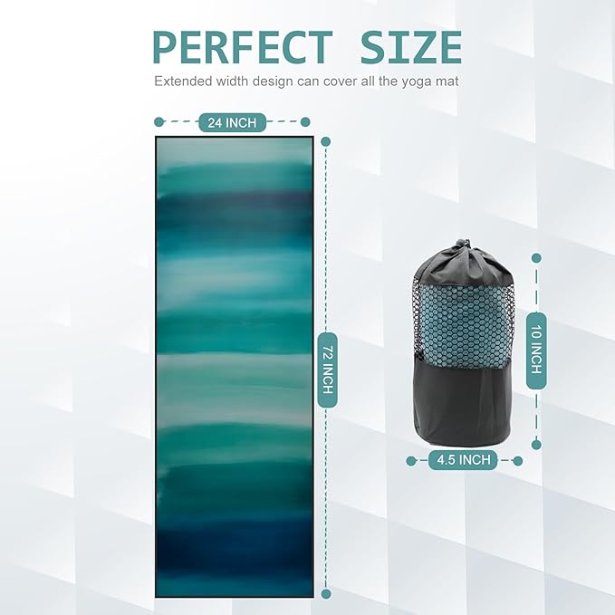 Eunzel Hot Yoga Towel, Non Slip Yoga Mat Towel Sweat Absorbent Printed Yoga Towel with Grip Dots for Hot Yoga, Pilates and Workout 72"x 24", Teal Flow