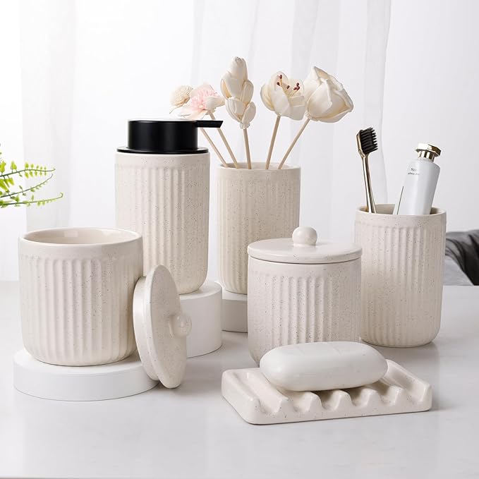 BosilunLife Ceramic Bathroom Accessories Set - Bathroom Counter Soap Set Beige Bathroom Decor Sets Accessories Bathroom Lotion Soap Dispenser and Toothbrush Holder Set, Soap Dish, Apothecary Jars
