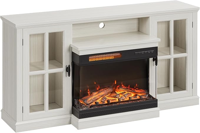 JUMMICO Fireplace TV Stand for TVs up to 65'', 3-Sided Glass Media Entertainment Center Console Table with Cabniet Storage Adjustable Flame LED Color for Living Room (Distressed White)