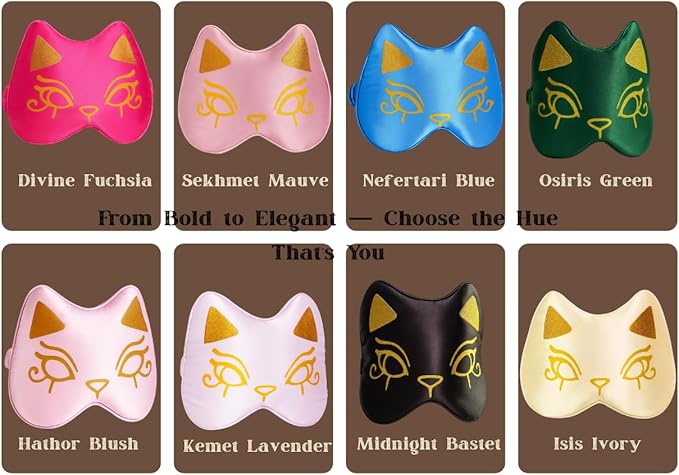 Silk Sleep Mask Blindfold Eye Mask for Sleep Cute Cat Print Embroidered Eye Cover Adjustable Oversized Egyptian Bastet with Gift Box&Pouch(Divine Fuchsi-Adjustable Strap)