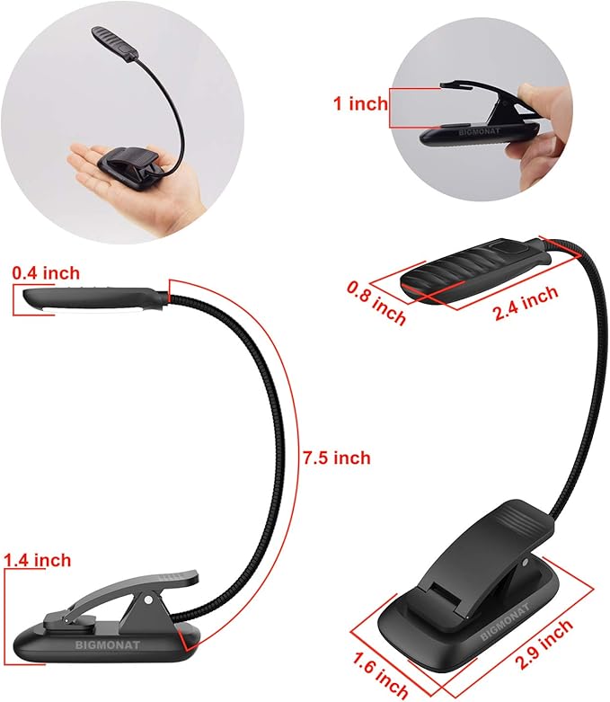 BIGMONAT Led Book Reading Light, Rechargeable Amber Book Night Light, Portable Bendable Neck, USB, Brightness Adjustable, Reduces Eye Strain, Black