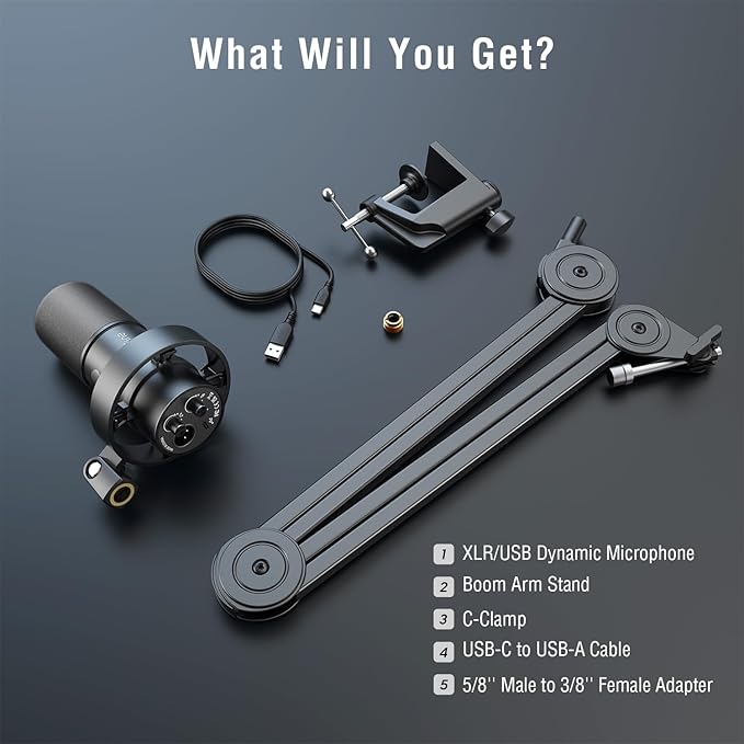 FIFINE Dynamic Podcast Microphone Set with Boom Arm Stand, Studio XLR/USB Microphone for Recording Vocal Streaming, Metal Mic with Mute Tap, Headphone Jack, Heavy Duty Boom Arm-K688T