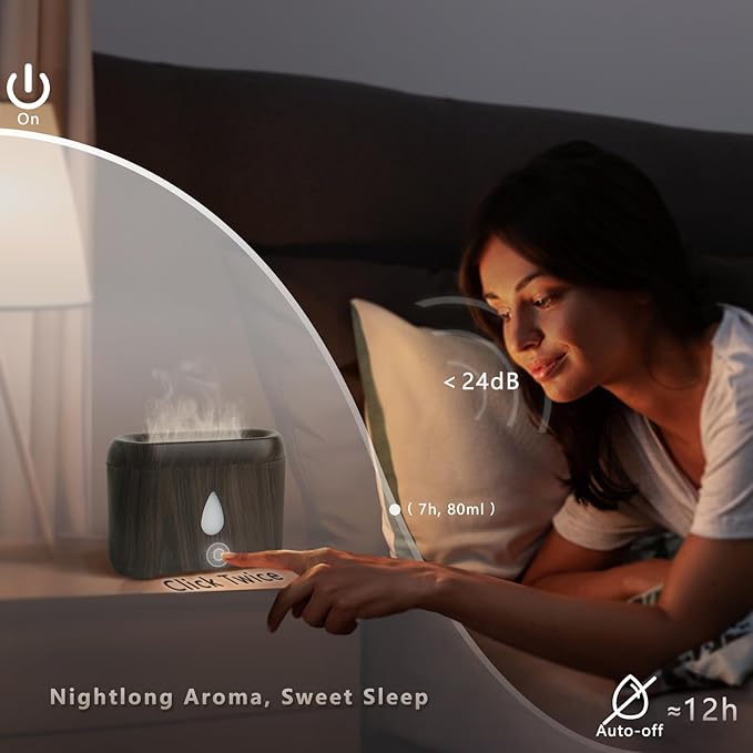 Flame Diffuser for Essential Oils, 200ml Ultrasonic Aroma Diffusers with Cool Mist, Aromatherapy Diffuser with Auto-Off Protection (Dark Wooden Grain(7 Colors), Peppermint+Lavender+Tea Tree+Lemon)