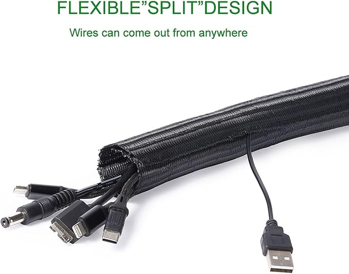 1/2"-10ft*2pcs Black/White Cable Sleeve - Protects Cords from Pets & Organizes Wires - Modern Style - Polyester Material - Flame Retardant - Easy to Use & Cut (Black, 10ft-1/2inch)