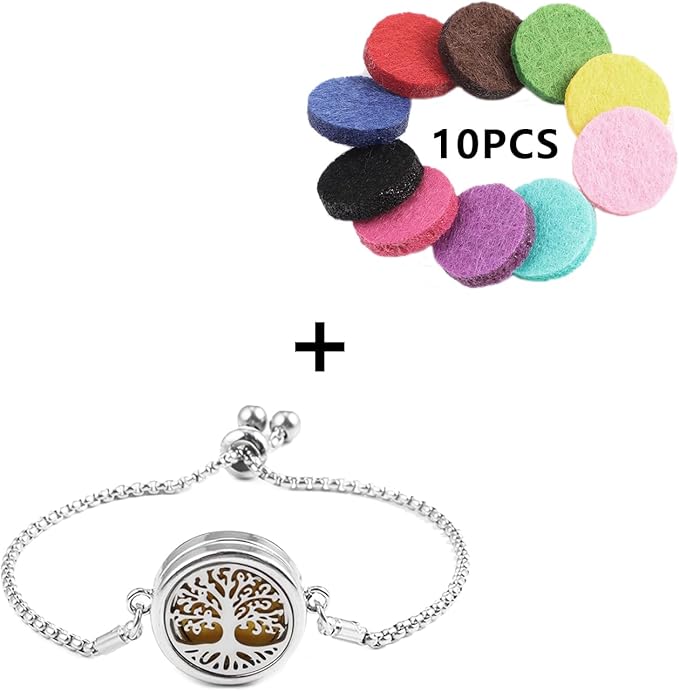 Essential Oil Diffuser Bracelet Aromatherapy Locket Adjustable Bracelet Stainless Steel Tree of Life Bracelet with 10 Pcs Refill Pads for Women Girls