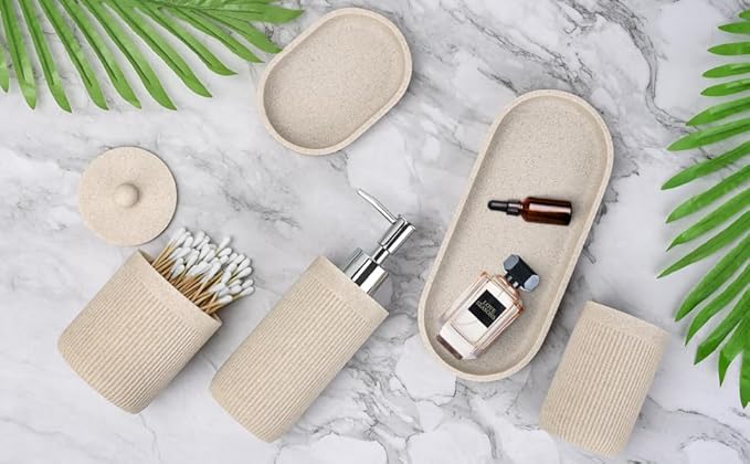 Bathroom Accessory Set 5Pcs- Lotion Soap Dispenser,Toothbrush Holder,Qtip Holder Dispenser,Vanity Tray and Soap Dish-Modern Bathroom Decor Vanity Countertop Organizer,Beige
