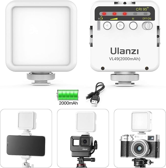 ULANZI VL49 2000mAh LED Video Light w 3 Cold Shoe, Rechargeable Soft Light Panel for DJI OSMO Mobile 3 Pocket Zhiyun Smooth 4 Sony RX100 VII Canon G7X Mark III A6400 6600 Action Camera 13 9 8 Vlogging