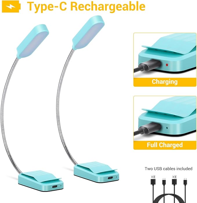 Book Light 2 Pack, Rechargeable Reading Lights for Books in Bed-Eye Caring 3 Colors, Stepless Dimming, 360° Flexible Studying Small Desk Lamp, Lightweight Clip-on LED Night Light for Book Lovers, Kids