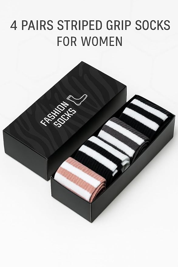 POWER STEP Pilates Grip Socks for Women, Non-Slip Cotton Crew Yoga Socks for Pilates, Dance, Workout, Barre and Home, 4 Pairs