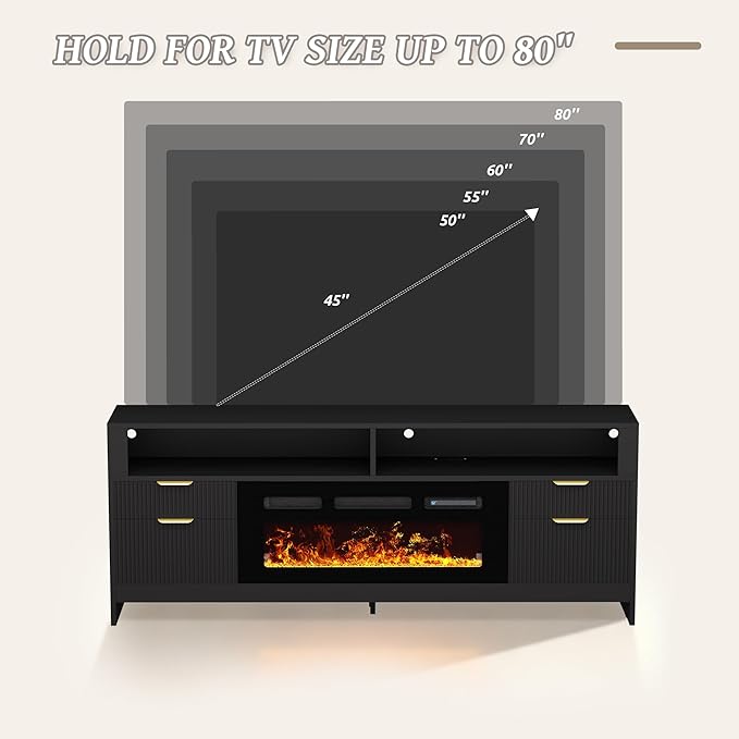 Fireplace TV Stand with 36" Fireplace Up to 80" TVs, 70" Entertainment Center with LED Lights, Storage Cabinets, Modern TV Console for Living Room,Bedroom (Black)