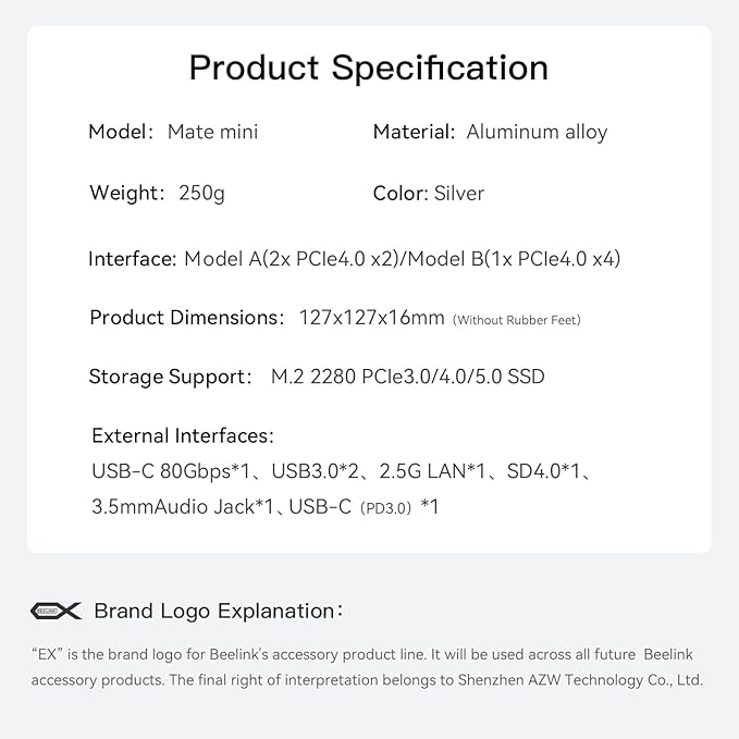Mac mini M4 Dock & Stand with 80Gbps USB-C, Mate Mini-B Hub with M.2 NVMe SSD Slot(up to 8TB), 2.5G LAN, 2 USB-A3.0, USB-C(PD3.0), SD4.0 Card Reader, 3.5mm Audio for Mac mini M4/ M4 Pro