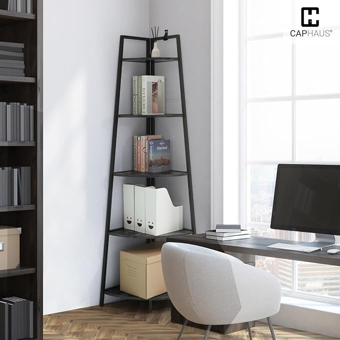 CAPHAUS Tall Corner Shelf Stand, 5-Tier Display Shelves, Ladder Corner Wood Storage Plant Bookshelf with Metal Frame, Versatile Shelving Unit Bookcase for Home Office Space, Black