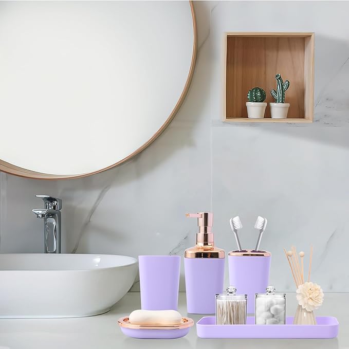 Purple Bathroom Accessories, 24 Pieces Light Purple Bathroom Accessories Set with Shower Curtain, Bath Towels, Trash Can, Soap Dispenser and Soap Dish for Bathroom/Housewarming