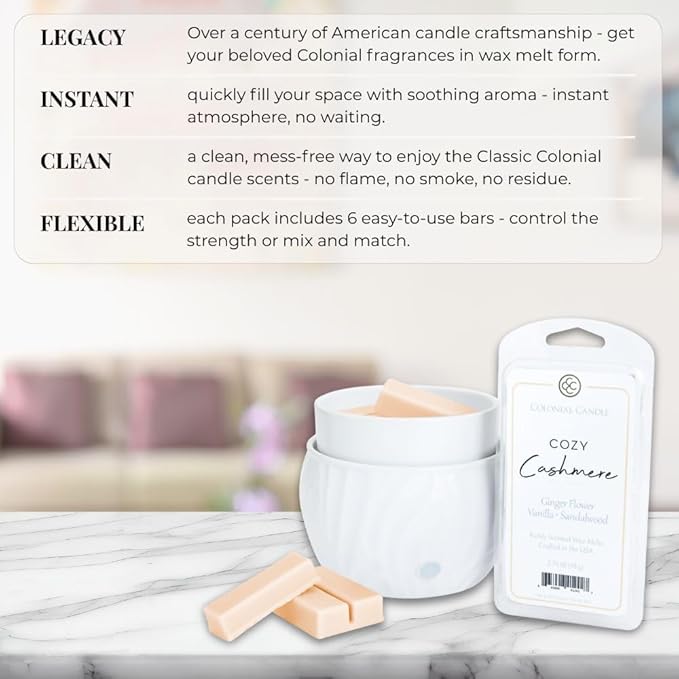 Colonial Candle Cozy Cashmere Scented Wax Melts, Wax Melt Warmer Cubes, Long Lasting Scented Wax Warmer Cubes, 4 Pack, 6 Cubes Each - Made in The USA