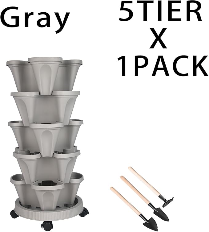 Vertical Planter 5 Tier Stackable Planters Garden Planters Strawberry Herb Flower and Vegetable Planter Indoor Outdoor Gardening Pots with Removable Wheels and Tools