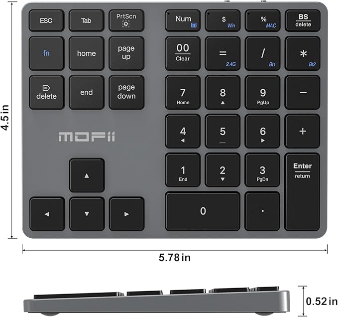 MOFII Bluetooth Number Pad for Laptop - Gray Wireless Numeric Keypad 35 Keys USB-C Rechargeable Numpad, Accounting Portable Financial Data 10 Key for Laptop/PC/Desktop/Notebook/Surface Pro