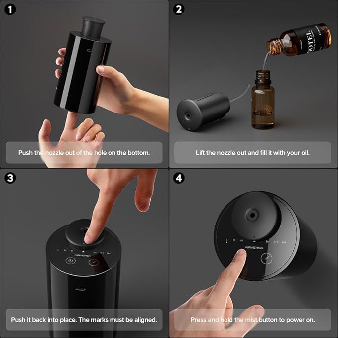 Waterless Diffuser for Essential Oil, Battery Operated Nebulizer, 0.7 Fl.Oz./ 20mL Capacity, Mini Scent Air Machine, 3 Countdown Timers & 3 Mist Levels for Home, Room, Car, Office - AN6 Black