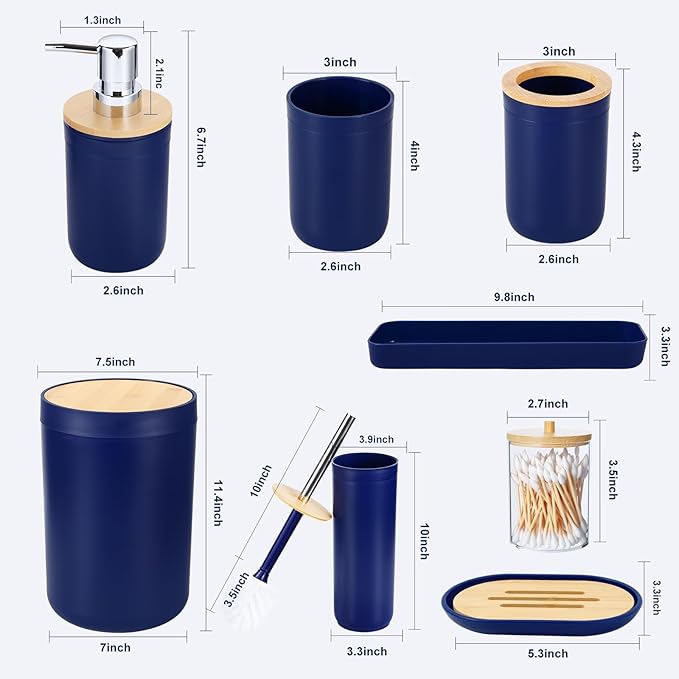 iMucci Bathroom Accessories Set Navy Blue Bathroom Decor Sets with Trash Can,Toilet Brush,Toothbrush Holder, Lotion Soap Dispenser, Soap Dish,Toothbrush Cup,Vanity Tray,Qtip Holder