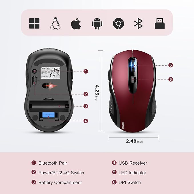 TECKNET Bluetooth Mouse, 4000DPI Wireless Mice for Laptop 2-in-1(BT 5.0/3.0+2.4Ghz) Computer Portable PC Mouse Wireless with USB Receiver for Mac (USB-A+Bluetooth, Black Red)