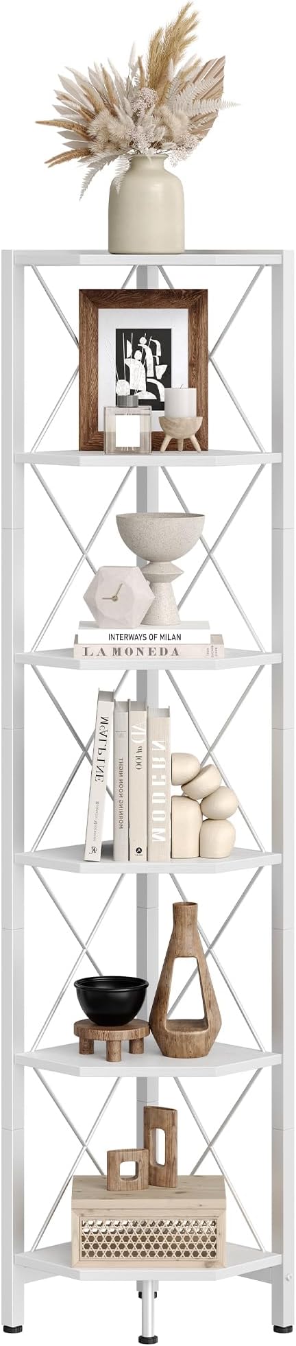 6-Tier Corner Shelf, Corner Bookcase, 66.9" Tall Vertical Display Rack, Plant Stand, Open Storage Shelf, for Living Room, Bedroom, Study, Kitchen, White TCJ13WB
