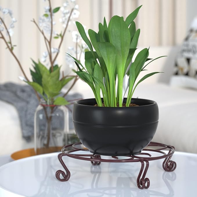 Yimobra Original Patented Plant Stand for Flower Pot Heavy Duty Potted Holder Indoor Outdoor, Metal Rustproof Iron Garden Container Round Supports Rack for Planter, Brown, 11.8 Inches