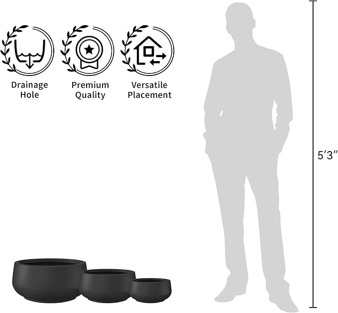 Kante 12.5" Dia Round Concrete Bonsai Planters, Outdoor Indoor Garden Plant Pot with Drainage Hole for Home, Patio, Garden, Black