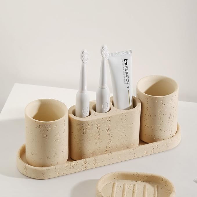 Bathroom Accessories Set, 4 pcs Toothbrush Holders Set Included 3 Slots Electric Toothbrush and Toothpaste Holder Stand, 2 Tumblers & Tray for Bathroom Countertop Sink Modern Decor (Yellow)