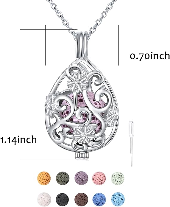 DAOCHONG S925 Sterling Silver Aromatherapy Essential Oil Diffuser Necklace Love Heart Locket Perfume Pendant Necklace Jewelry 18+2" Adjustable Chain