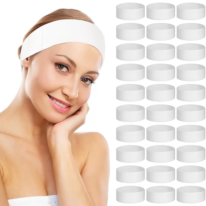 Yopay 100 Pack Disposable Spa Facial Headbands, Soft Elastic Headband Wrap with Closure for Women Girls, Individual Pack Stretch Non-Woven Skincare Headbands for Makeup, Treatments, Esthetician, White