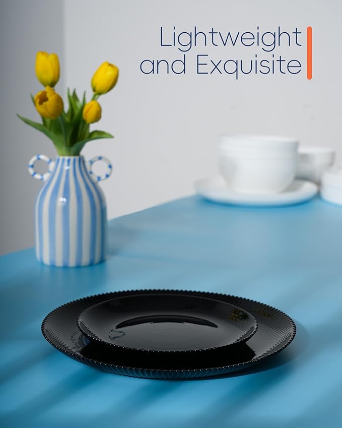 10.5 inch Ribbed Dinner Plate Set of 6, Round Opal Glass Black Dinnerware Plates, Dishwasher and Microwave Safe