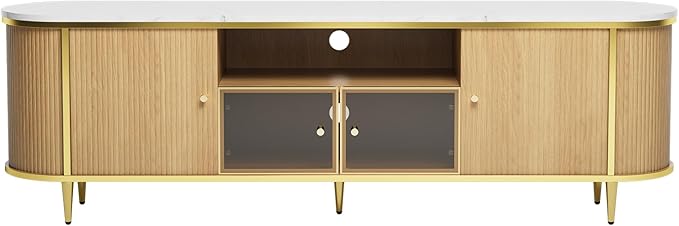 Luxury 70" Fluted TV Stand, Modern Entertainment Center for TVs Up to 80”, TV Console with Faux Marble Tabletop, Curved Profile Design, Media Console for Living Room, Wood