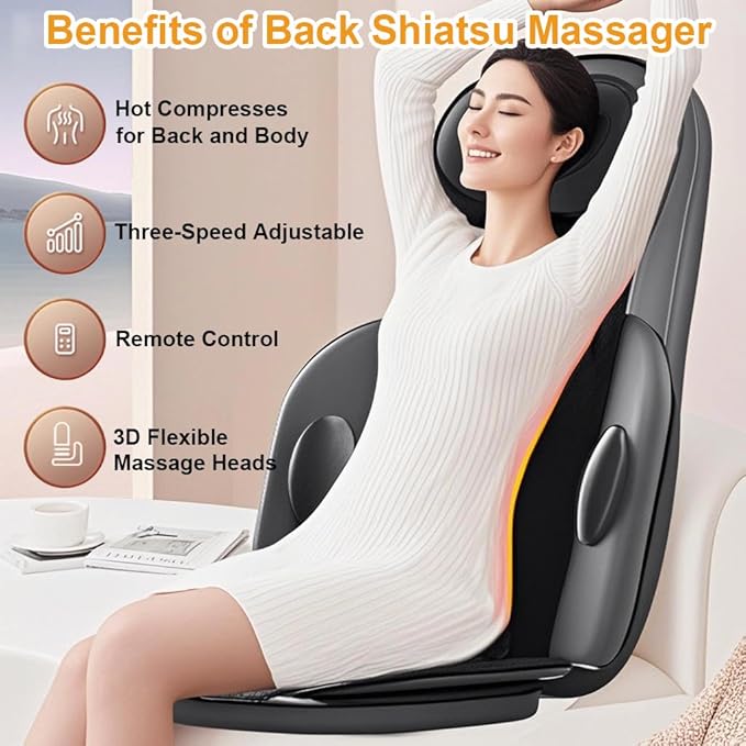 Lvrunben Shiatsu Back Massager with Heat, 3D Kneading Massage Chair Pad, Electric Massage Seat Cushion for Body, Neck,Shoulder, with Movable Multi-Function Leg and Foot Massager for Office, Home