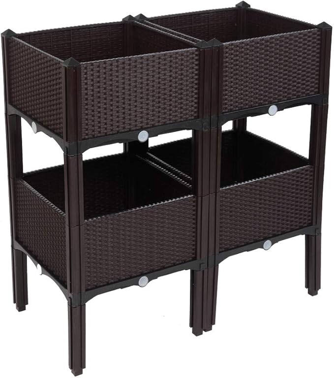 VINGLI Square Raised Garden Bed, Self-Watering Plastic Planter for Indoor Outdoor Vegetables, Fruits, Potato, Flowers, All Weather (4 Pcs)