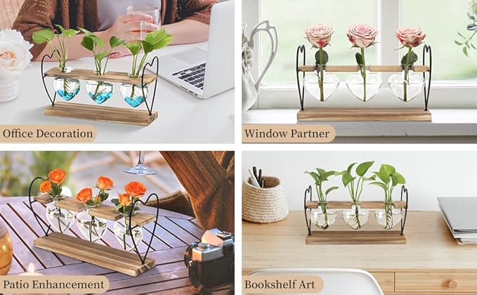 takfot Plant Propagation Station with Wood Stand, Terrarium Tabletop Glass Planter for Hydroponics Air Plants Home Decor, Plant Holder Lover for Mother Family Women 3 Heart Shaped Vase