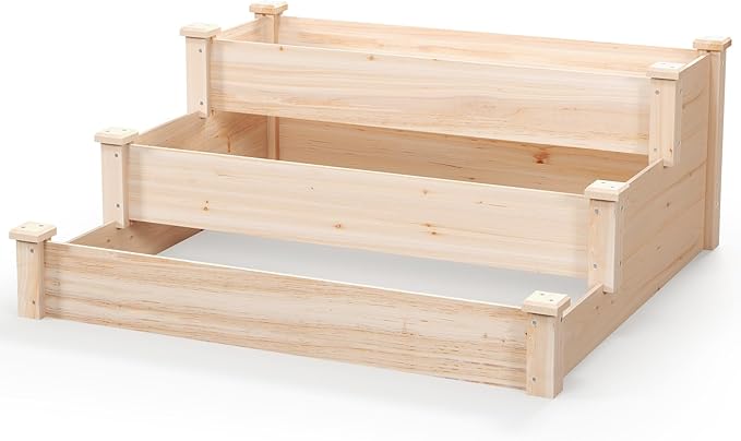 Giantex 3-Tier Raised Garden Bed, Tiered Planter Box w/Open-Ended Base, Fir Wood Elevated Raised Beds for Gardening, Vegetable Flower Herb Fruit, Perfect for Patio, Lawn, Backyard