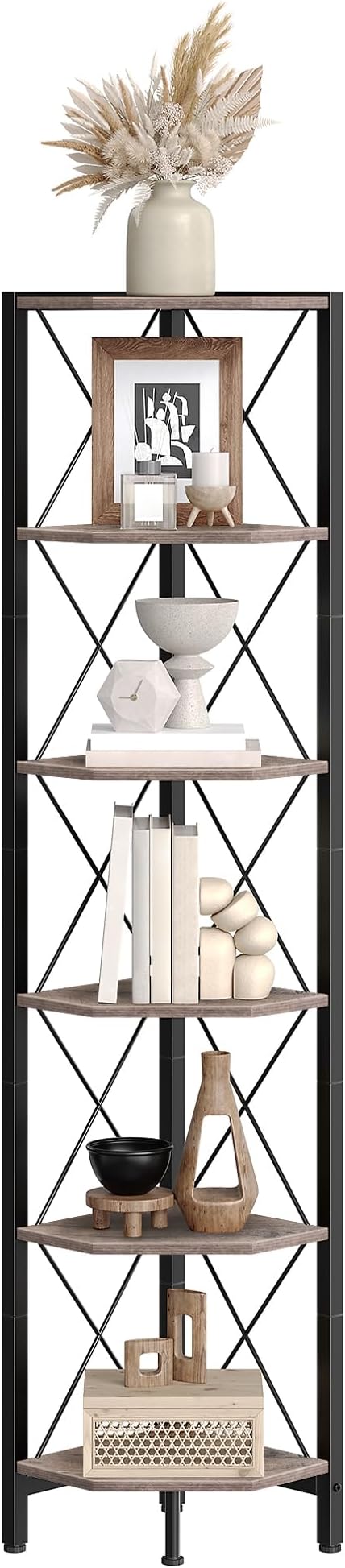 6-Tier Corner Shelf, Corner Bookcase, 66.9" Tall Vertical Display Rack, Plant Stand, Open Storage Shelf, for Living Room, Bedroom, Study, Kitchen, Greige and Black TCJ13BG