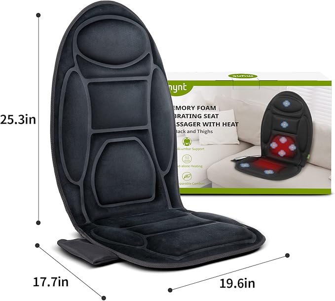 Mynt Vibration Massage Seat Cushion Memory Foam Support Chair Pad, Back Massager with 8 Vibrating Motors & Soothing Heat,Electric Seat Massager for Home Office Use(Black)