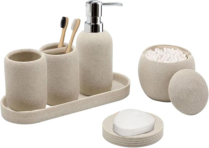 Bathroom Accessory Set, 6PCS Beige Bathroom Accessories - Soap Dish, Lotion Dispenser, Toothbrush Holder, Mouthwash Cup, Tray, Cotton Ball Jar, Aesthetic Decor Bathroom Sets