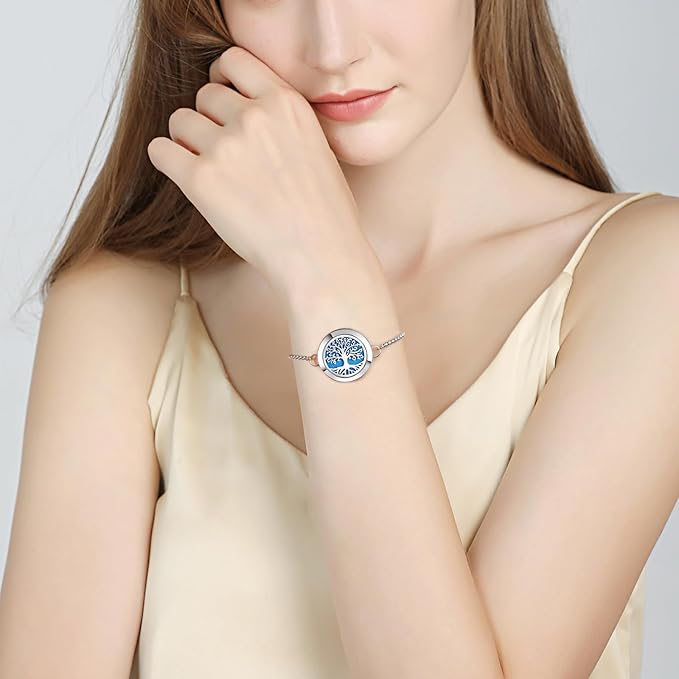 Aromatherapy Essential Oil Diffuser Bracelet, Tree of Life Pattern Locket Adjustable Link for Women Birthday Jewelry Gifts Trendy for Wife Mothers(Silver