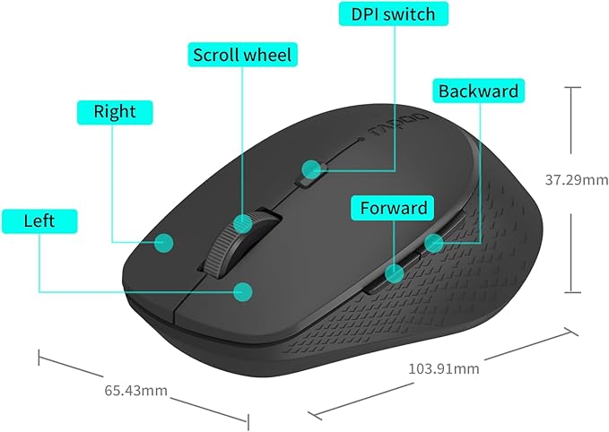 Rapoo M300G Silent Wireless Mouse, Bluetooth Mouse for Laptop, 2.4GHz with USB Receiver, 2400 Adjustable DPI Optical Tracking, 1 Year Battery Life, Compatible with PC, Black