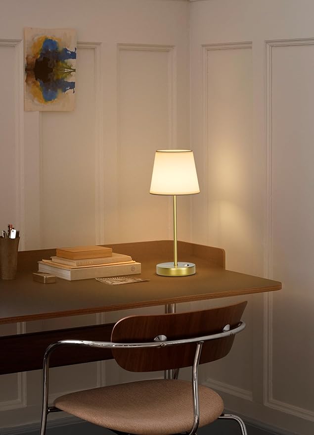 2 Pack Cordless LED Table Lamps, Battery Operated Fabric Shade Desk Lamp, 3 Color Stepless Dimmable Rechargeable Lamp for Dinner/Restaurant/Bedroom/Bars/Camping(Gold)