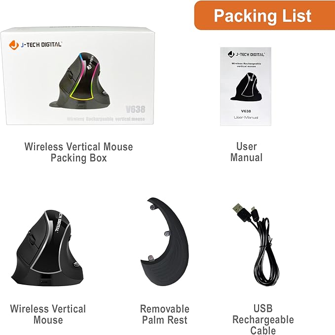 J-Tech Digital Ergonomic Mouse with Wireless Connection, Removable Palm Rest, Thumb Buttons, Rechargeable Battery, 800 DPI, Compatible with Windows and MAC OS