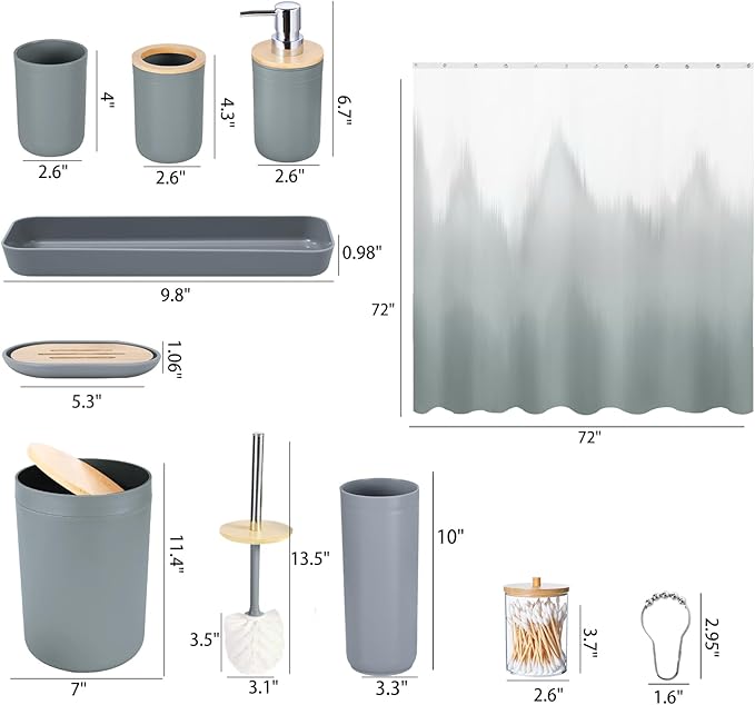 iMucci Bathroom Accessories Grey Bathroom Sets with Shower Curtain, Grey Ombre Waterproof Shower Curtain with Stainless Steel Hooks, Bathroom Accessories Set Complete
