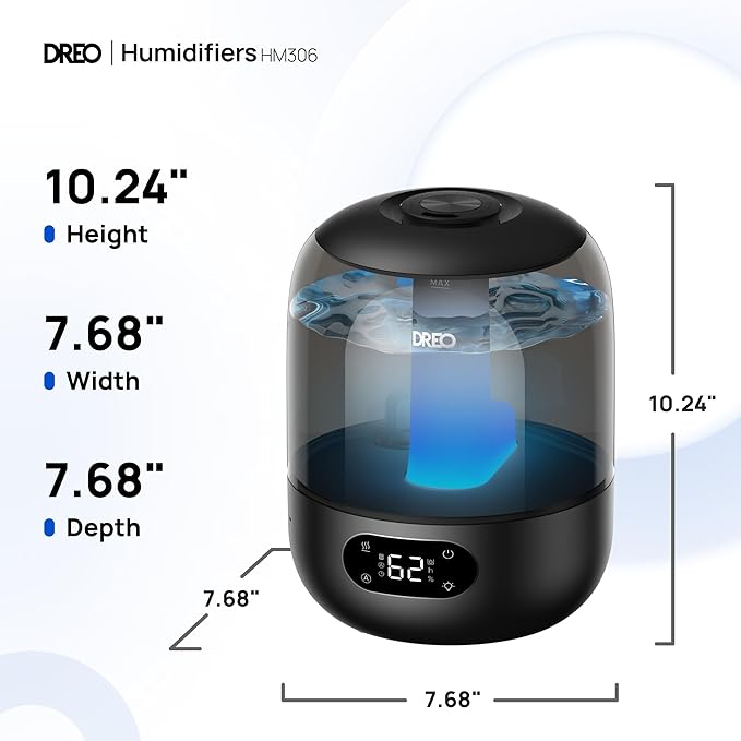 Dreo Humidifiers for Bedroom, 3L Top Fill 30H & 26dB Quiet Runtime for Large Room, Cool Mist Ultrasonic Humidifier with Humidity Sensor, Night Light for Home, Baby, Nursery, Plants, 360ยฐ Nozzle, Black
