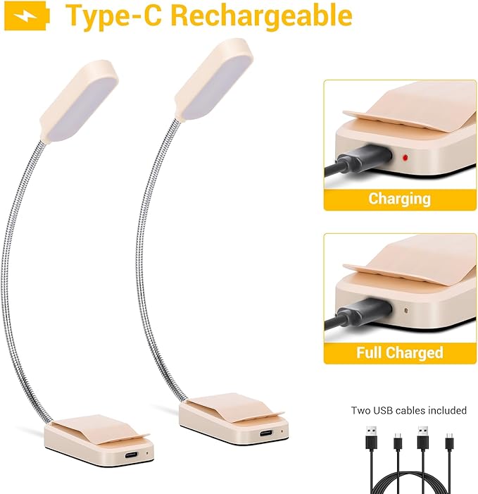 Book Light 2 Pack, Rechargeable Reading Lights for Books in Bed-Eye Caring 3 Colors, Stepless Dimming, 360° Flexible Studying Small Desk Lamp, Lightweight Clip-on LED Night Light for Book Lovers, Kids